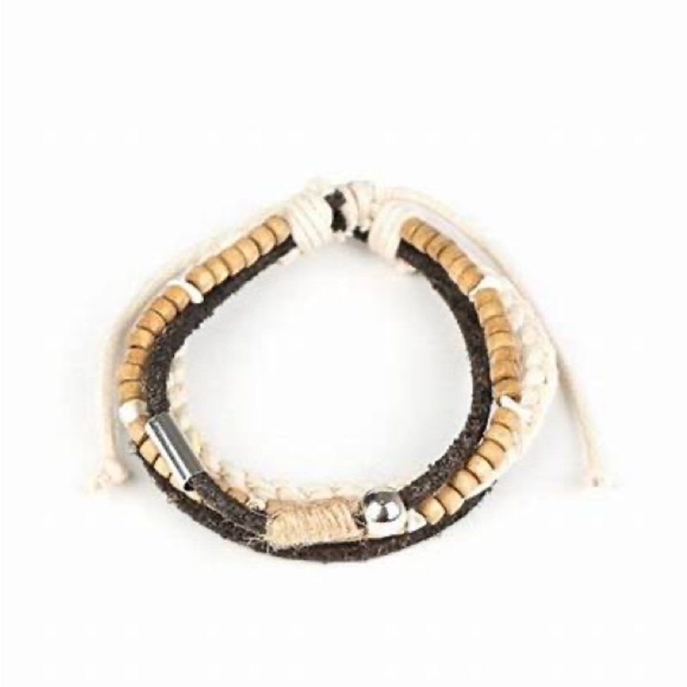 Silver, stone, and wooden beaded adjustable sliding knot bracelet.